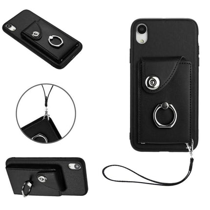 Phone Case With Card Pocket for Everyday Carry - black leather wallet case with ring holder and wrist strap