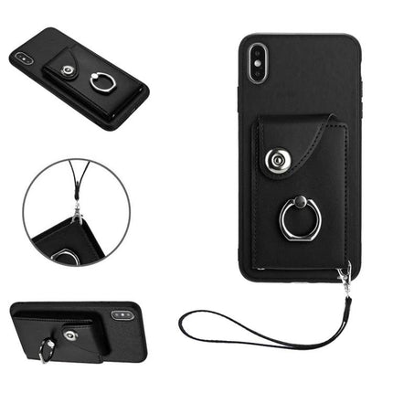 Phone Case With Card Pocket for Everyday Carry - black leather wallet case with ring and wrist strap