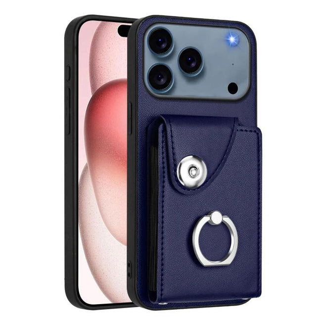 Phone Case With Card Holder For Everyday Essentials - navy PU protective case with card pocket and ring kickstand