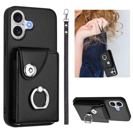 Phone Case With Card Holder For Everyday Essentials - black PU wallet case with ring stand, wrist strap and secure card pocket
