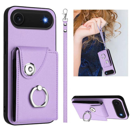 Phone Case With Card Holder For Everyday Essentials - purple PU wallet case with ring, wrist strap, TPU interior