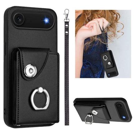 Phone Case With Card Holder For Everyday Essentials black PU wallet case with ring grip and detachable wrist strap