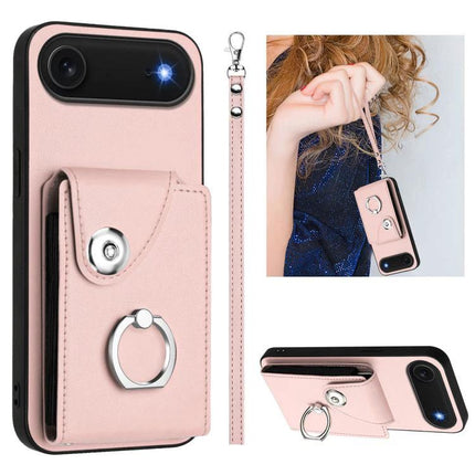 Phone Case With Card Holder For Everyday Essentials pink PU leather with ring grip, wrist strap and TPU protection