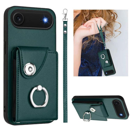 Phone Case With Card Holder For Everyday Essentials in green PU with ring holder, wrist strap and quick-access card pocket