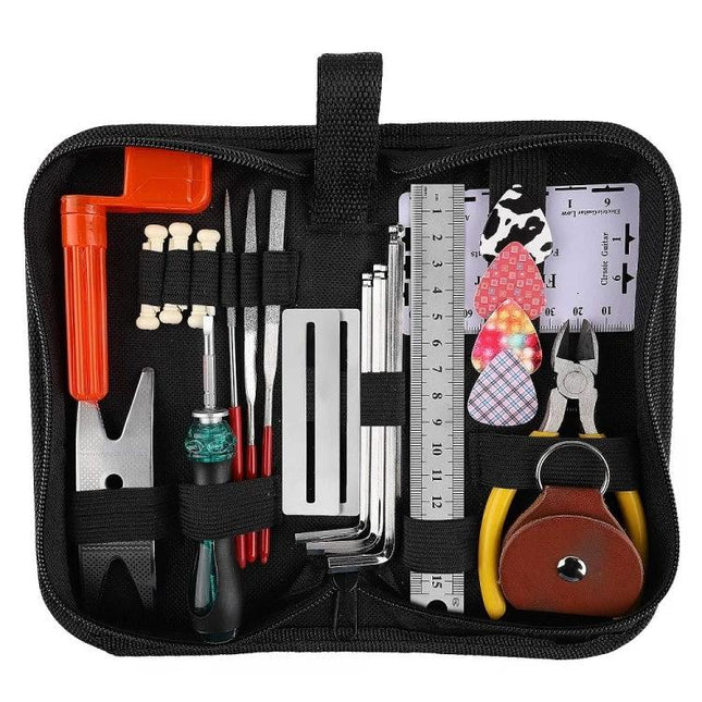 Handy Guitar Repair Kit for Daily Home Use and Maintenance with tools case showing picks, pliers, hex keys, tuner, screwdrivers