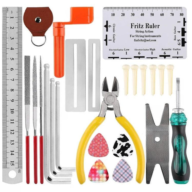 Handy Guitar Repair Kit for Daily Home Use and Maintenance — compact set with pliers, files, ruler, screwdriver, picks and bridge pins