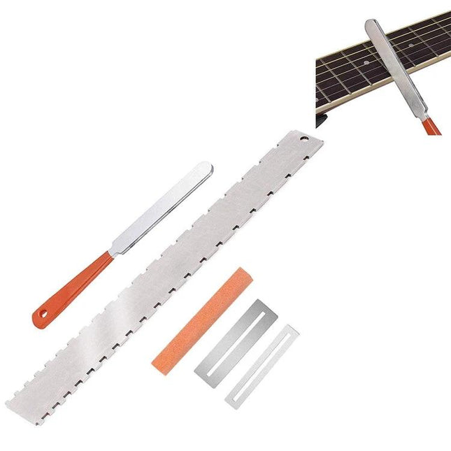 Guitar Maintenance Tool for Everyday Instrument Care showing stainless steel fret file, string cleaner, and replacement blades