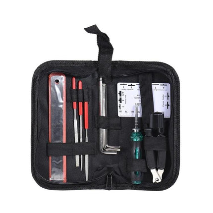 Guitar Care Tools for Daily Maintenance and Home Use compact kit in case with screwdrivers, hex keys, string winder, files and polishing cloth