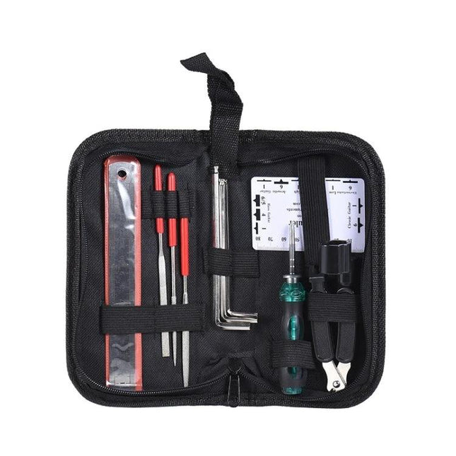 Guitar Care Tools for Daily Maintenance and Home Use compact kit in case with screwdrivers, hex keys, string winder, files and polishing cloth