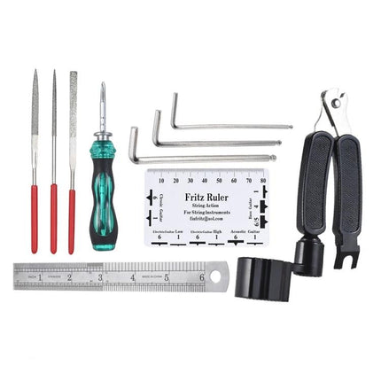 Guitar Care Tools for Daily Maintenance and Home Use - compact kit with files, screwdriver, hex keys, string cutter, ruler and string action gauge