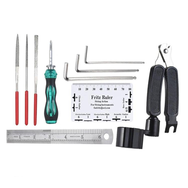 Guitar Care Tools for Daily Maintenance and Home Use - compact kit with files, screwdriver, hex keys, string cutter, ruler and string action gauge