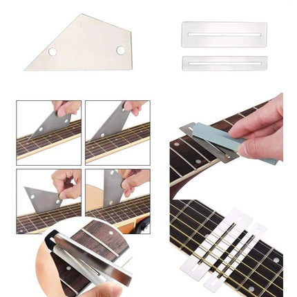 Essential Tool Set for Daily Guitar String Maintenance showing fret leveling blades, string files and hand tools used on acoustic and electric guitar necks