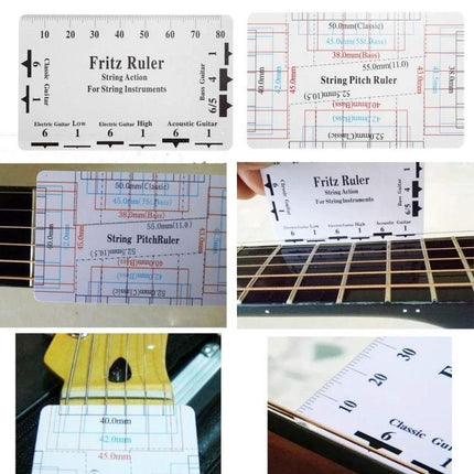 Essential Tool Set for Daily Guitar String Maintenance Fritz ruler and string pitch guide on guitar neck for quick string adjustments