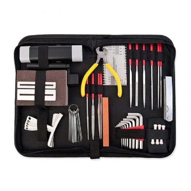 Handy Tool Set for Everyday Guitar Maintenance at Home — compact kit with pliers, files, hex keys, fretboard tools, string winder and polishing blocks