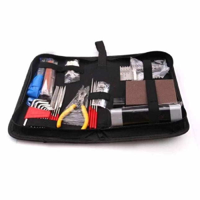 Handy Tool Set for Everyday Guitar Maintenance at Home - compact kit with pliers, hex keys, sandpaper and polish cloth in zippered case