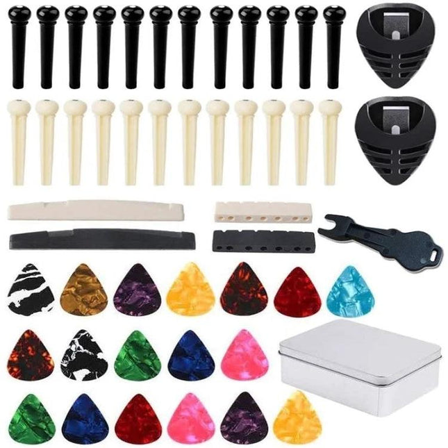 Essential Guitar Accessory Set for Daily Home Music Practice — assorted celluloid picks, bridge pins, saddles, tuners and organizer tin