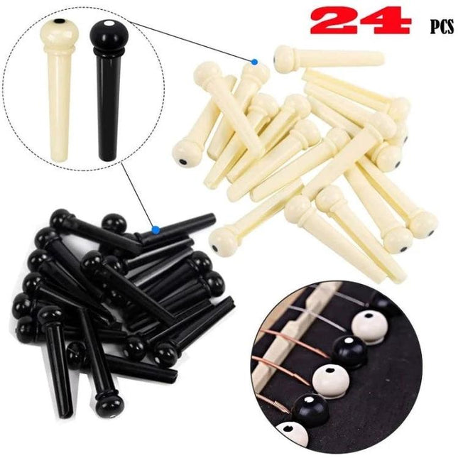 Essential Guitar Accessory Set for Daily Home Music Practice - 24 celluloid bridge pins in black and ivory with container for string changes and picks