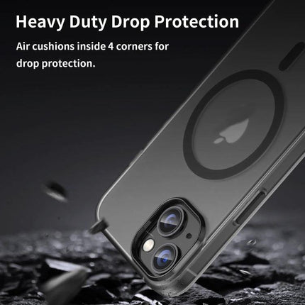 Essential Phone Case For iPhone 14 Everyday Protection showing translucent matte TPU case with rigid frame, MagSafe ring, corner air-cushions and camera protection