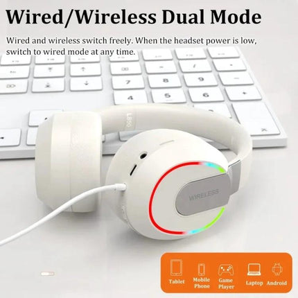 Foldable Bluetooth Headphones With Microphone For Commuting showing white L850 headphones wired to a keyboard, compact foldable design