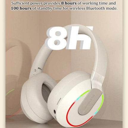 Foldable Bluetooth Headphones With Microphone For Commuting showing white foldable headset with 8h battery display
