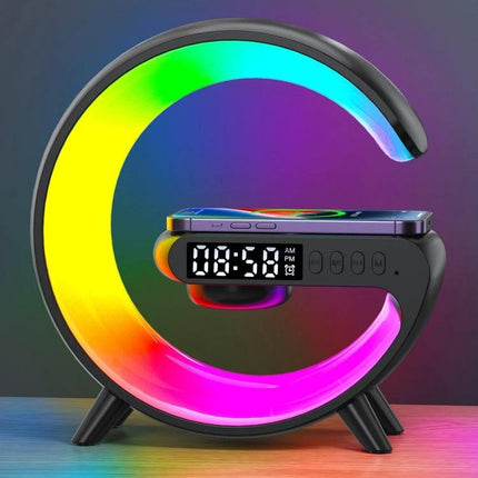 ADONG Wake Up Light Speaker With Sunrise Lighting Bedside on nightstand showing rainbow LED, clock display and phone charging