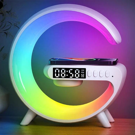ADONG Wake Up Light Speaker With Sunrise Lighting Bedside on nightstand with rainbow glow, clock
