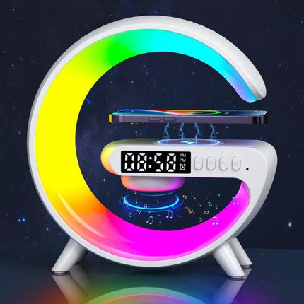 ADONG Wake Up Light Speaker With Sunrise Lighting Bedside showing curved RGB lamp, clock display, Bluetooth speaker and wireless charging
