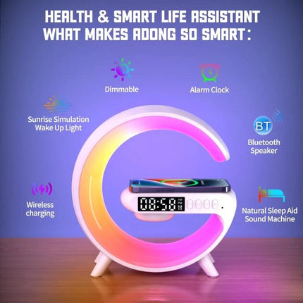ADONG Wake Up Light Speaker With Sunrise Lighting Bedside showing sunrise lamp, Bluetooth, alarm, charger