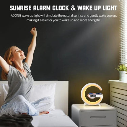 ADONG Wake Up Light Speaker With Sunrise Lighting Bedside on nightstand showing sunrise alarm, Bluetooth audio, phone charging