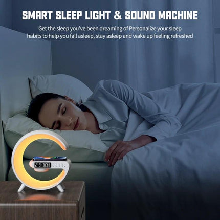 ADONG Wake Up Light Speaker With Sunrise Lighting Bedside on nightstand showing sunrise lamp, clock and sleeping woman