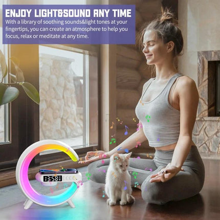 ADONG Wake Up Light Speaker With Sunrise Lighting Bedside on nightstand next to woman meditating with cat, sunrise glow