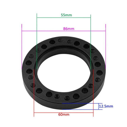 Universal Steering Wheel Hub Adapter Kit For Aftermarket Install Black - black aluminum alloy hub adapter with measurements (86mm outer, 55mm inner, 60mm base)