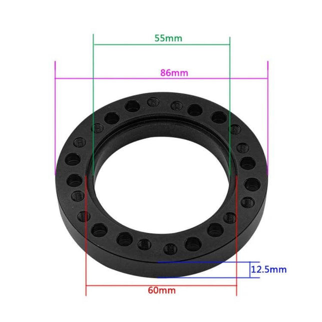 Universal Steering Wheel Hub Adapter Kit For Aftermarket Install Black - black aluminum alloy hub adapter with measurements (86mm outer, 55mm inner, 60mm base)