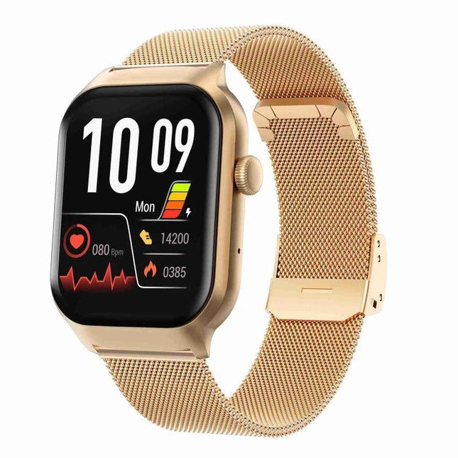Smart Watch for Daily Health Monitoring and Everyday Wear - gold mesh band showing heart rate, steps, sleep tracking and Bluetooth calling on display