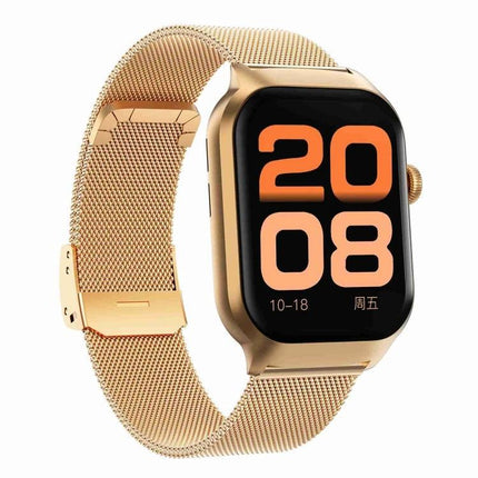 Smart Watch for Daily Health Monitoring and Everyday Wear gold mesh smartwatch showing heart-rate and large digital time display, Bluetooth calling ready