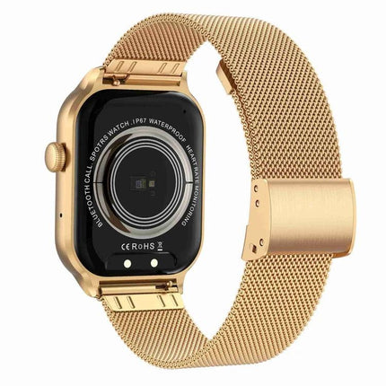 Smart Watch for Daily Health Monitoring and Everyday Wear - gold mesh band showing heart rate sensor and Bluetooth calling features