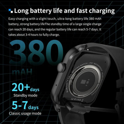 Smart Watch for Daily Health Monitoring and Everyday Wear — black smartwatch showing 380mAh battery, 20+ days standby, 5–7 days classic usage
