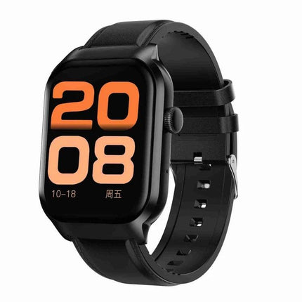 Leather Strap Smart Watch for Daily Health Monitoring - black leather strap smartwatch showing large digital time display for everyday heart rate and SpO2 tracking