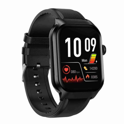 Leather Strap Smart Watch for Daily Health Monitoring - black watch with leather strap displaying heart rate, steps, and sleep metrics