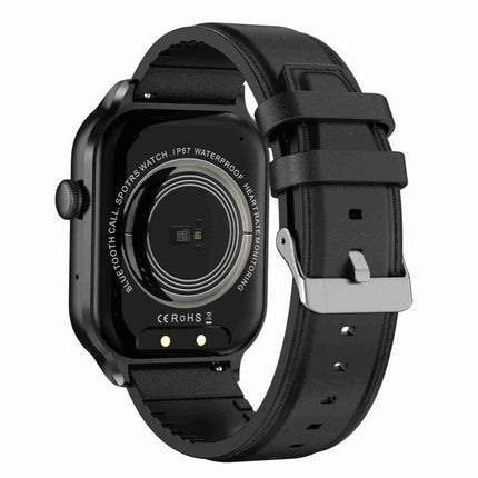 Leather Strap Smart Watch for Daily Health Monitoring showing black leather strap and rear sensors for heart rate and SpO2 tracking