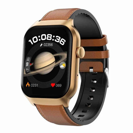 Leather Strap Smart Watch for Daily Health Monitoring with brown leather band showing heart rate and SpO2 on-screen
