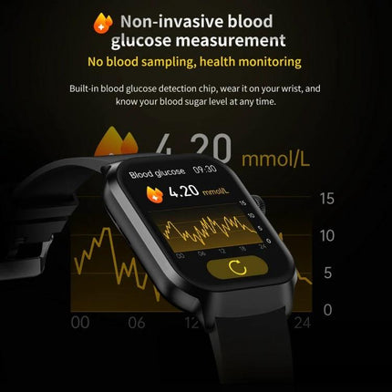 Leather Strap Smart Watch for Daily Health Monitoring showing non-invasive blood glucose reading on wrist display