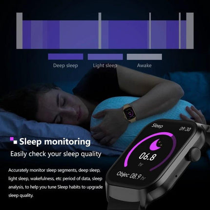 Leather Strap Smart Watch for Daily Health Monitoring showing sleep monitoring screen with sleep stages and woman sleeping