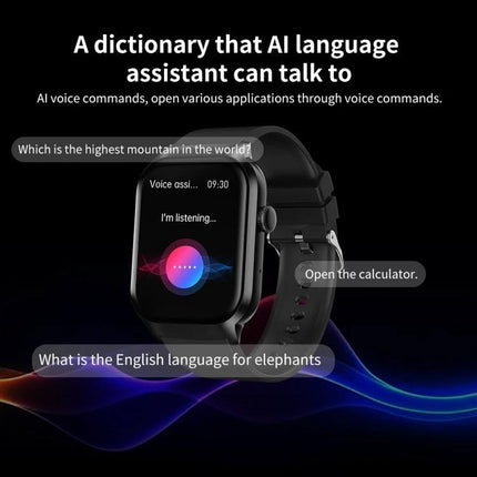 Leather Strap Smart Watch for Daily Health Monitoring showing voice assistant, heart rate and SpO2 tracking on black background