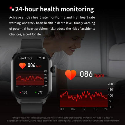 Leather Strap Smart Watch for Daily Health Monitoring showing heart rate 086 bpm and 24-hour heart rate graph on screen