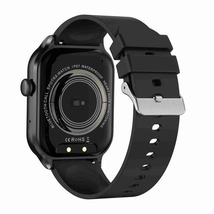 Comfortable Silicone Strap Watch for Daily Wellness Tracking showing black silicone band and sensor back for heart rate, SpO2, HRV and glucose monitoring