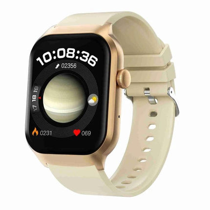 Comfortable Silicone Strap Watch for Daily Wellness Tracking showing heart rate, blood oxygen, sleep and activity on a beige silicone strap watch face