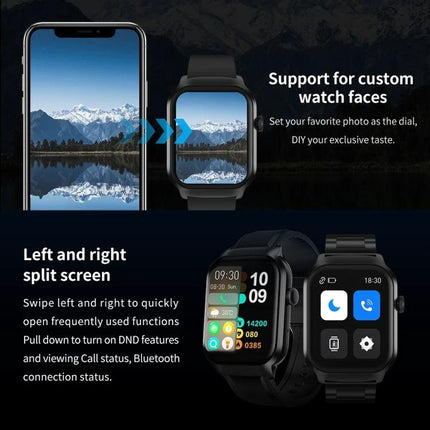 Comfortable Silicone Strap Watch for Daily Wellness Tracking showing custom watch faces, split-screen UI, heart rate and app notifications