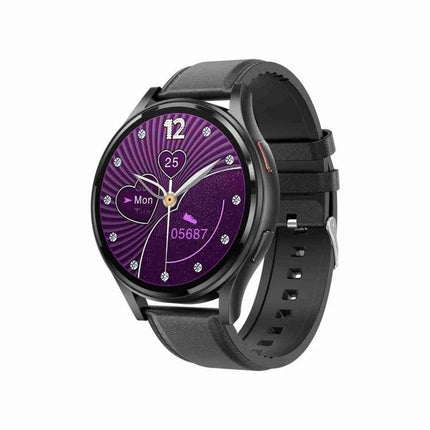 Versatile Leather Strap Smart Watch for Daily Wellness Tracking - black leather strap smartwatch with 1.43-inch round purple touch display showing heart and steps