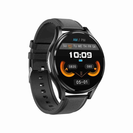 Versatile Leather Strap Smart Watch for Daily Wellness Tracking black round watch with leather strap showing time heart rate and sleep icons